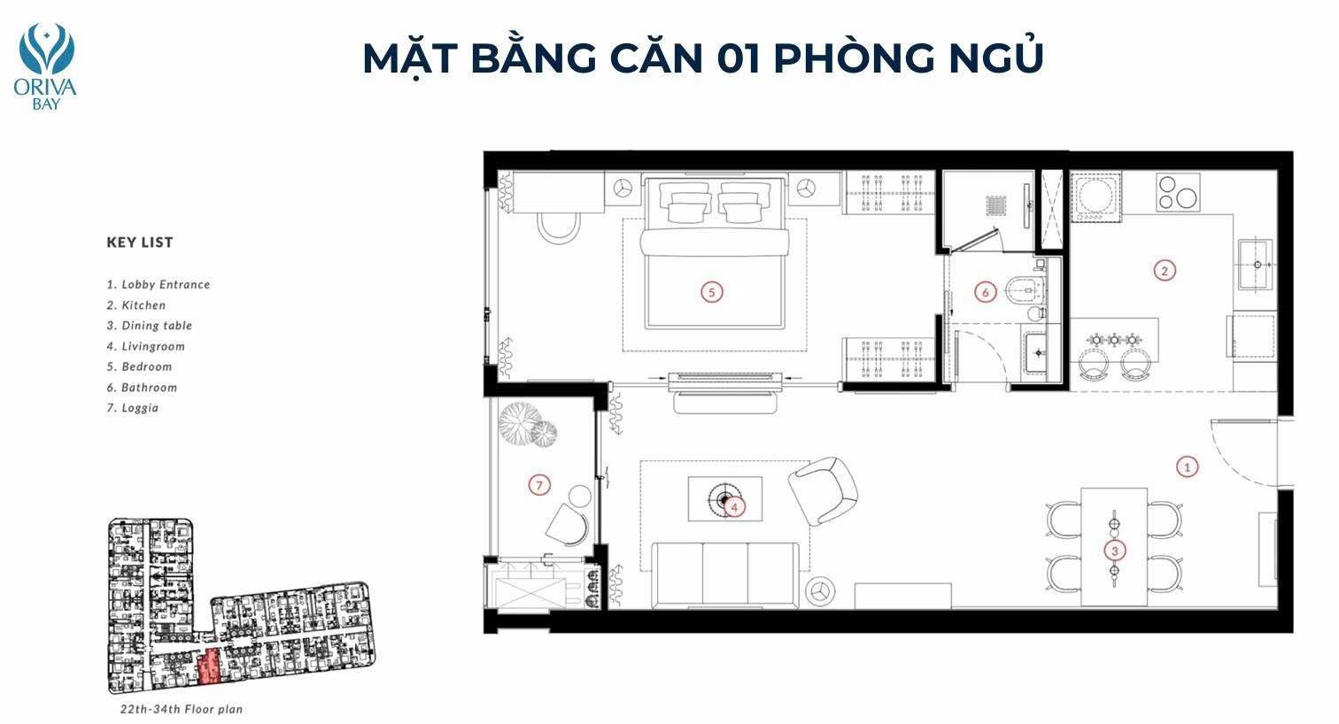 Mặt bằng căn hộ 1 phòng ngủ Oriva Bay Quy Nhơn – phòng khách, bếp, phòng ngủ và loggia