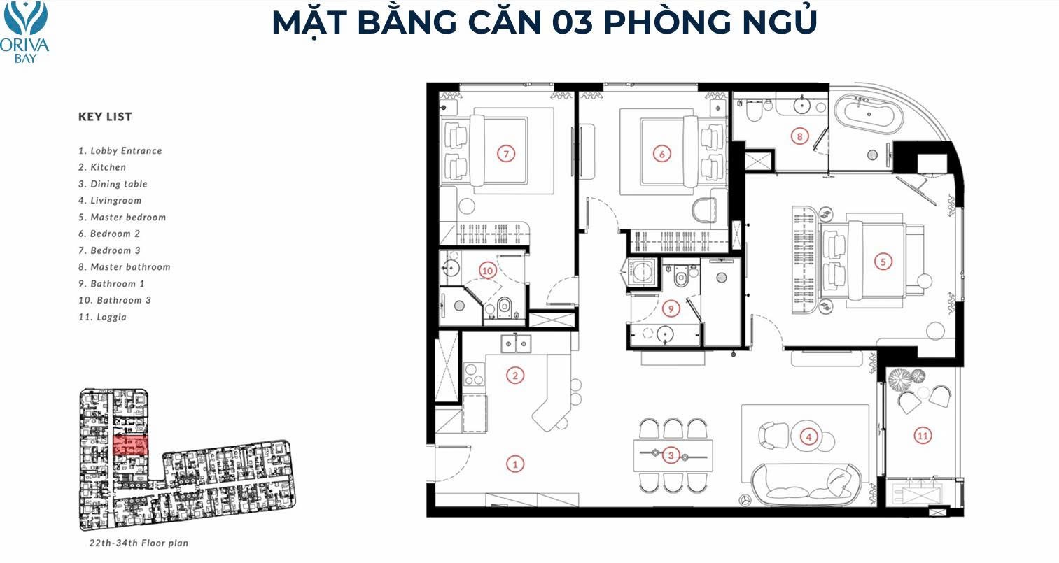 Mặt bằng căn hộ 3 phòng ngủ Oriva Bay Quy Nhơn – 3 phòng ngủ, phòng khách rộng, bếp và loggia